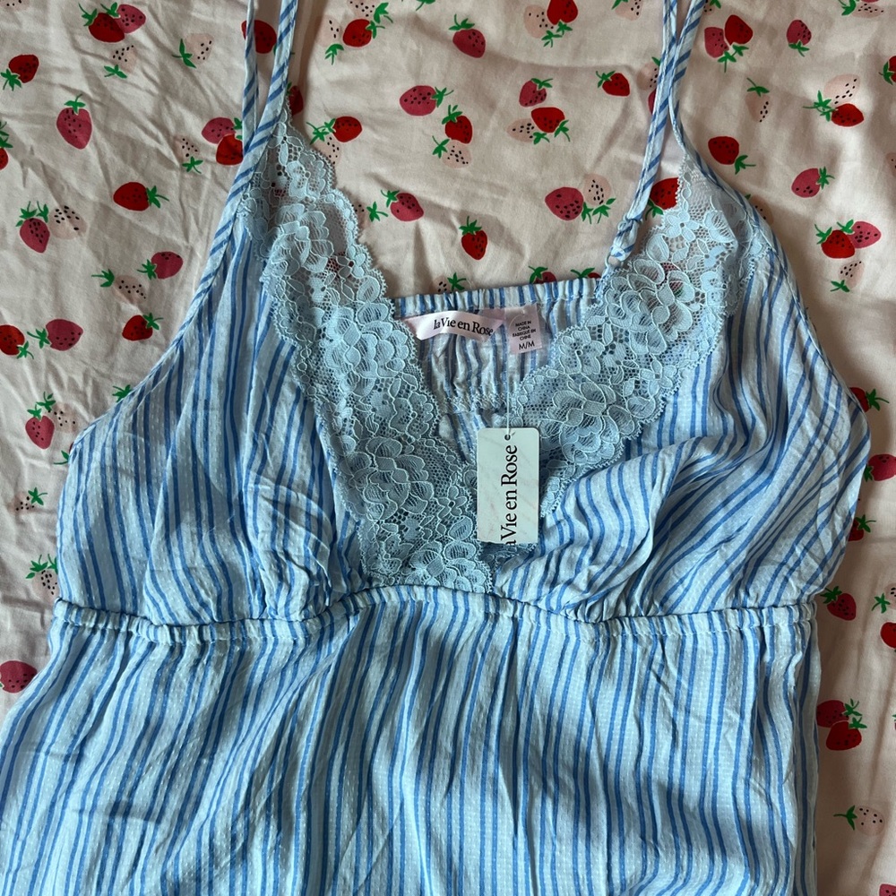 NWT Blue and White Striped Lace Slip Dress / Night Gown / Flowy Dress - Picture 4 of 7